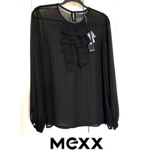 NWT Mexx Ruffle Front Black Sheer Long Sleeve Blouse Size 8